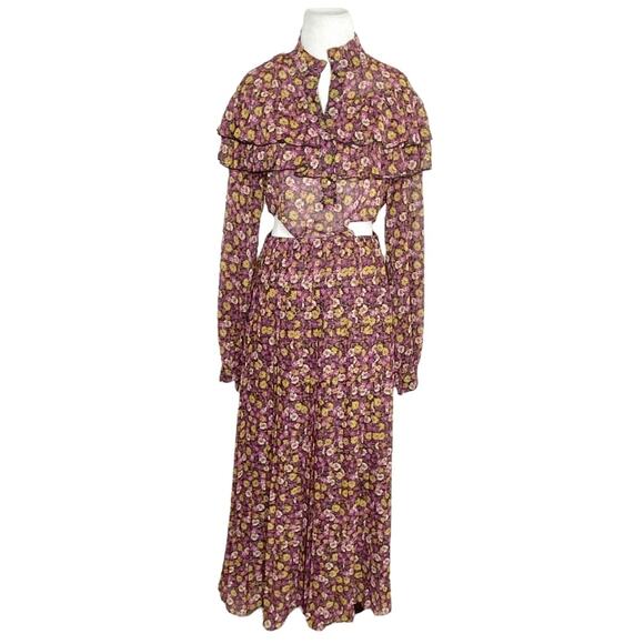 Ronny Kobo Hedy Floral Cut Out Ruffle Midi Dress in Rhubarb & Orchid Size M - Picture 4 of 7